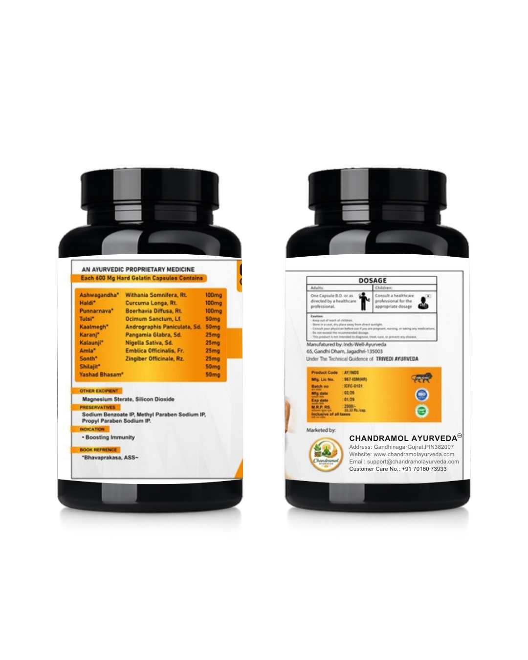 This Ayurvedic formula combines traditional herbal knowledge with modern health needs, making it suitable for daily use. Rakshak Multivitamin Capsules help improve the body's resistance against seasonal infections while supporting physical strength and mental wellness. Each capsule contains a balanced combination of herbs known for their immunity-boosting and rejuvenating properties. These capsules help reduce weakness, increase stamina, and maintain overall body balance. Regular use may help: ✔ Strengthen immune system ✔ Improve energy and stamina ✔ Support overall health ✔ Reduce weakness and fatigue ✔ Maintain daily vitality ✔ Support natural body defense Rakshak Multivitamin Capsules are made from natural ingredients and are suitable for people who want a healthy and active lifestyle without relying on synthetic supplements. Why Choose Rakshak Multivitamin? ✔ Ayurvedic Formula ✔ Natural Ingredients ✔ Daily Health Support ✔ Immunity Booster ✔ Safe for Regular Use ✔ Trusted Herbal Composition This supplement is ideal for adults who want to maintain good health and strong immunity naturally. 🌿 Ingredients Herbal Ingredients Ashwagandha (Withania Somnifera) – 100mg Supports strength and reduces fatigue. Haldi (Curcuma Longa) – 100mg Helps support immunity and overall wellness. Punarnava (Boerhavia Diffusa) – 100mg Supports body detoxification. Tulsi (Ocimum Sanctum) – 50mg Supports respiratory health and immunity. Kalmegh (Andrographis Paniculata) – 50mg Helps improve natural immunity. Karanj (Pongamia Glabra) – 25mg Supports overall body balance. Kalunji (Nigella Sativa) – 25mg Supports metabolism and health. Amla (Emblica Officinalis) – 25mg Rich source of natural Vitamin C. Sonth (Zingiber Officinale) – 25mg Supports digestion and metabolism. Shilajit – 50mg Supports energy and vitality. Yashad Bhasma – 50mg Supports immunity and strength. ⚙️ Other Ingredients Magnesium Stearate Silicon Dioxide 💊 Dosage Adults: Take 1 capsule twice daily or as directed by a healthcare professional. Children: Consult a healthcare professional before use. ⚠️ Safety Information Store in a cool and dry place Keep away from children Do not exceed recommended dosage Consult a doctor if pregnant or under medication This Ayurvedic formula combines traditional herbal knowledge with modern health needs, making it suitable for daily use. Rakshak Multivitamin Capsules help improve the body's resistance against seasonal infections while supporting physical strength and mental wellness. Each capsule contains a balanced combination of herbs known for their immunity-boosting and rejuvenating properties. These capsules help reduce weakness, increase stamina, and maintain overall body balance. Regular use may help: ✔ Strengthen immune system ✔ Improve energy and stamina ✔ Support overall health ✔ Reduce weakness and fatigue ✔ Maintain daily vitality ✔ Support natural body defense Rakshak Multivitamin Capsules are made from natural ingredients and are suitable for people who want a healthy and active lifestyle without relying on synthetic supplements. Why Choose Rakshak Multivitamin? ✔ Ayurvedic Formula ✔ Natural Ingredients ✔ Daily Health Support ✔ Immunity Booster ✔ Safe for Regular Use ✔ Trusted Herbal Composition This supplement is ideal for adults who want to maintain good health and strong immunity naturally. 🌿 Ingredients Herbal Ingredients Ashwagandha (Withania Somnifera) – 100mg Supports strength and reduces fatigue. Haldi (Curcuma Longa) – 100mg Helps support immunity and overall wellness. Punarnava (Boerhavia Diffusa) – 100mg Supports body detoxification. Tulsi (Ocimum Sanctum) – 50mg Supports respiratory health and immunity. Kalmegh (Andrographis Paniculata) – 50mg Helps improve natural immunity. Karanj (Pongamia Glabra) – 25mg Supports overall body balance. Kalunji (Nigella Sativa) – 25mg Supports metabolism and health. Amla (Emblica Officinalis) – 25mg Rich source of natural Vitamin C. Sonth (Zingiber Officinale) – 25mg Supports digestion and metabolism. Shilajit – 50mg Supports energy and vitality. Yashad Bhasma – 50mg Supports immunity and strength. ⚙️ Other Ingredients Magnesium Stearate Silicon Dioxide 💊 Dosage Adults: Take 1 capsule twice daily or as directed by a healthcare professional. Children: Consult a healthcare professional before use. ⚠️ Safety Information Store in a cool and dry place Keep away from children Do not exceed recommended dosage Consult a doctor if pregnant or under medication