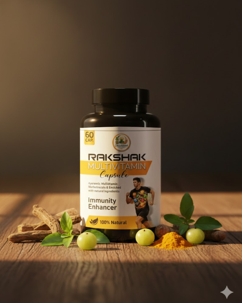 Complete Immunity Shield: Sharir ki rog pratirodhak shamta (immunity) ko majboot banakar sankraman se bachane mein madadgar. Natural Vitality: Ashwagandha aur Shilajit jaisi shaktishali jadibootiyon se bharpur jo din bhar energy banaye rakhti hain. Daily Wellness: Sharir mein zaroori vitamins aur minerals ki kami ko natural tarike se pura karta hai. Potent Antioxidants: Haldi, Amla aur Tulsi ke gunon se yukt jo sharir ko detox karne mein sahayak hain. 100% Safe & Natural: Bina kisi side effect ke har umra ke vyakti ke liye upyogi. Full Product Description Apne Parivaar ko Dein Ayurveda ka Suraksha Kavach! Badalte mausam aur pradushan ke dauran sharir ko andar se majboot rakhna bahut zaroori hai. Chandramol Ayurveda RAKSHAK Multivitamin Capsule ek aisi Ayurvedic proprietary medicine hai jo modern lifestyle ke hisaab se taiyar ki gayi hai. Yeh capsules sirf bimariyon se nahi ladte, balki sharir ki samagra kshamta (overall performance) ko bhi behtar banate hain. Key Benefits (Kyu hai ye behtareen?): Immunity Enhancer: Yeh sharir ke natural defence system ko activate karta hai. Stress & Fatigue Relief: Ashwagandha mansik tanav ko kam karta hai aur thakan dur bhagane mein asardat hai. Better Recovery: Bimari ke baad sharir ki recovery ko tez karne mein madadgar hai. Digestive & Respiratory Health: Isme maujood Kaalmegh aur Tulsi pachan aur saans lene ki prakriya ko sudharte hain. Ingredients (Ancient Wisdom for Modern Health): Har 600mg capsule mein shamil hain: Ashwagandha (100mg): Energy aur stress management ke liye. Shilajit (50mg): Physical strength aur stamina badhane ke liye. Haldi & Tulsi: Natural antibiotic aur antioxidant protection ke liye. Amla & Punarnava: Vitamin C ka behtareen srot aur detox support. Yashad Bhasam (50mg): Zinc ka natural srot jo immunity ke liye anivarya hai. Usage Instructions (Kaise use karein?): Adults: Ek capsule din mein do baar (B.D.) khane ke baad, ya doctor ki salah ke anusar. Children: Healthcare professional se paramarsh lekar hi dein. Pack Size: 60 Capsules per bottle.