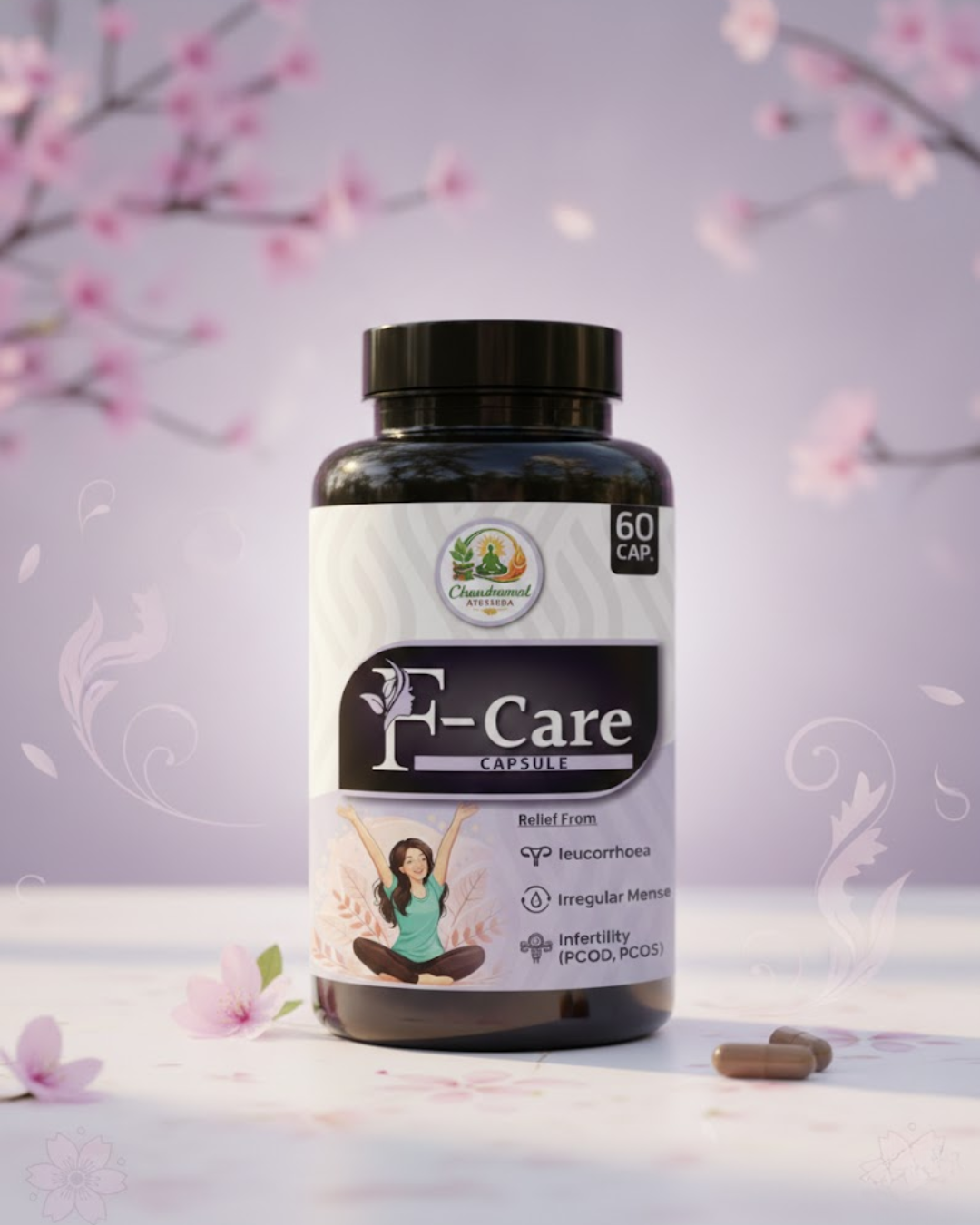 Aajkal ki lifestyle aur stress ki wajah se mahilaon mein hormonal imbalance aur irregular periods ki samasya aam ho gayi hai. Chandramol Ayurveda F-Care Capsule ek vishesh Ayurvedic Proprietary Medicine hai jo mahilaon ki inhi gehri swasthya samasyaon ko dhyan mein rakh kar banayi gayi hai. Key Benefits (Kyu Chunien F-Care?): Relief from PCOD & PCOS: Yeh capsule ovarian cysts aur hormonal imbalance ko control karne mein madad karta hai. Healthy Menstrual Cycle: Periods ke dauran hone wale asahaniya dard aur irregular timing ko sudharta hai. Fight Infections: Leucorrhoea aur anya reproductive health issues mein effective relief deta hai. Holistic Wellness: Yeh sharir ko andar se majboot banata hai aur PMS ke symptoms ko kam karta hai. Ingredients (The Power of Herbs): Har 500mg capsule mein shamil hain: Ashoka (70mg): Uterine health aur periods ko regular karne ke liye. Lodhra (50mg): Hormones ko balance karne aur bleeding control karne ke liye. Shatavari (50mg): Women's vitality aur strength badhane ke liye. Ashwagandha (40mg): Stress kam karne aur energy boost karne ke liye. Pradrantak Lauh & Abrak Bhasam: Khoon ki kami (Anemia) dur karne aur immunity badhane ke liye. Usage Instructions (Kaise Istemaal Karein?): Dosage: Ek capsule din mein do baar, ya apne physician ki salah ke anusar. Pack Size: 60 Capsules (1 Month Course).